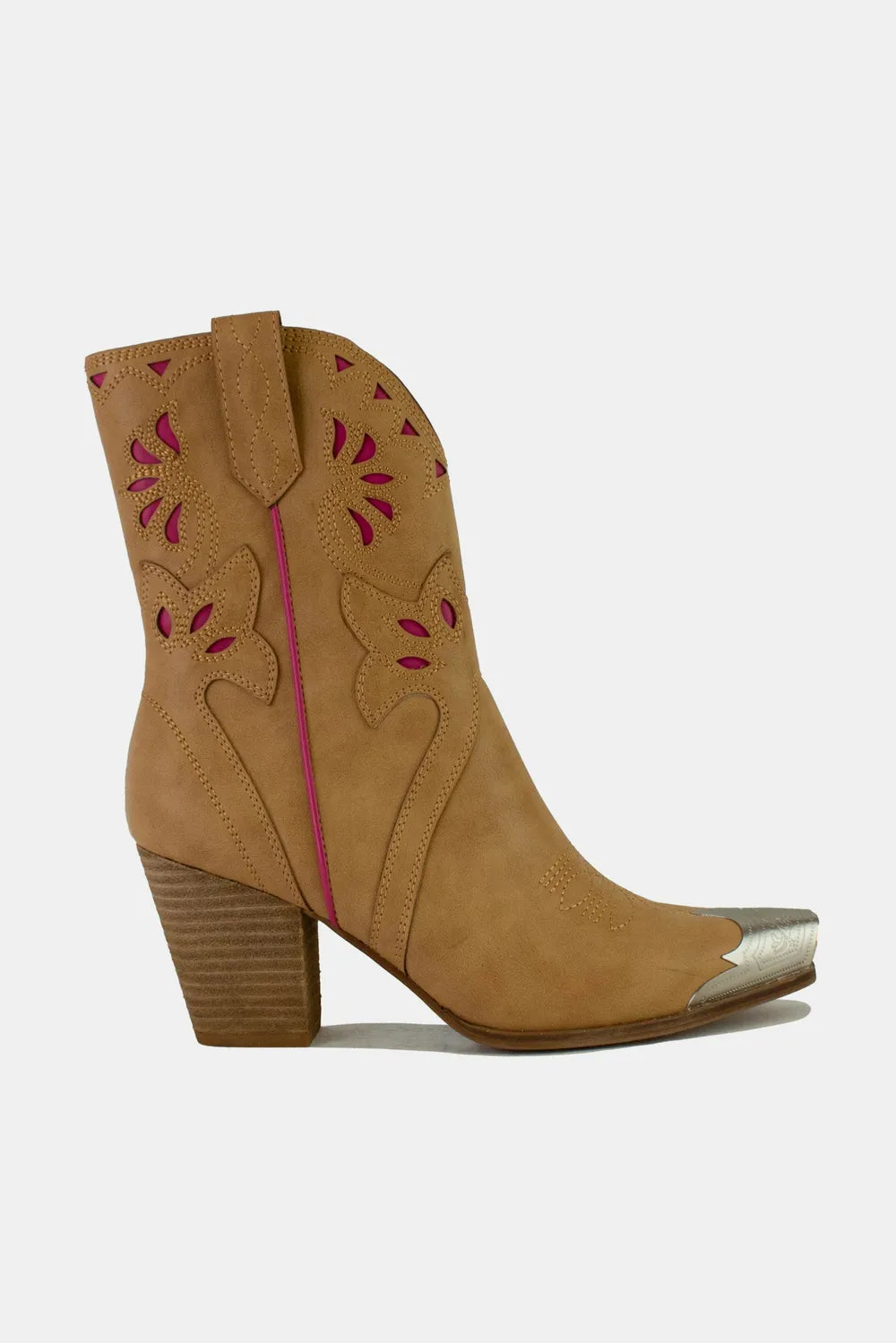 Camel Beast Fashion cut-out floral embroidery boots with intricate floral designs and cut-out details, stylish and trendy footwear.