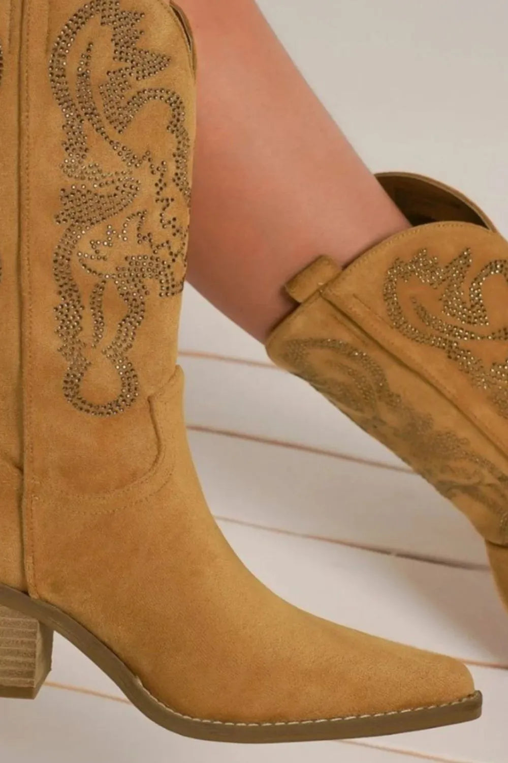 Camel pointed toe boots by Beast Fashion with rhinestone details, featuring a sleek style and trendy design perfect for fashionable outfits.