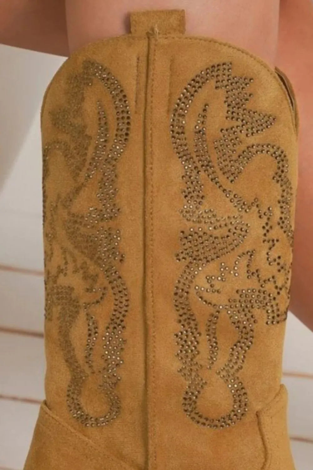 Camel point toe boots with rhinestone details from Beast Fashion by Trendsi, stylish footwear with decorative rhinestones.