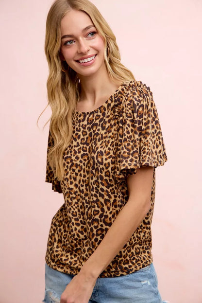Camel leopard print spandex jersey ruffle sleeve top by Trendsi, stylish and comfortable with ruffled sleeve details.