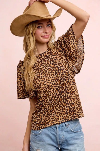 Leopard printed spandex jersey ruffle sleeve top by Trendsi, featuring a camel leopard pattern and stylish ruffle details.