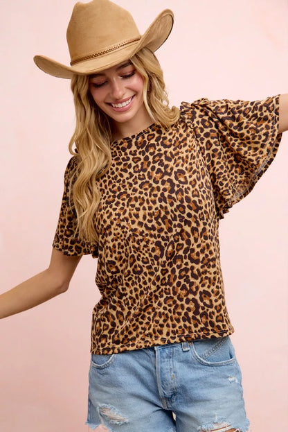 Leopard print spandex jersey ruffle sleeve top by Trendsi featuring camel and black leopard pattern.