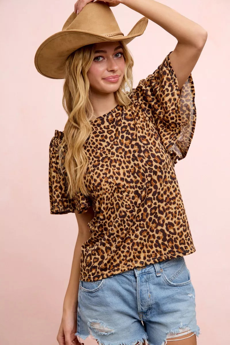 Camel leopard print spandex jersey top with ruffle sleeves from Trendsi, featuring a fitted, stylish design.