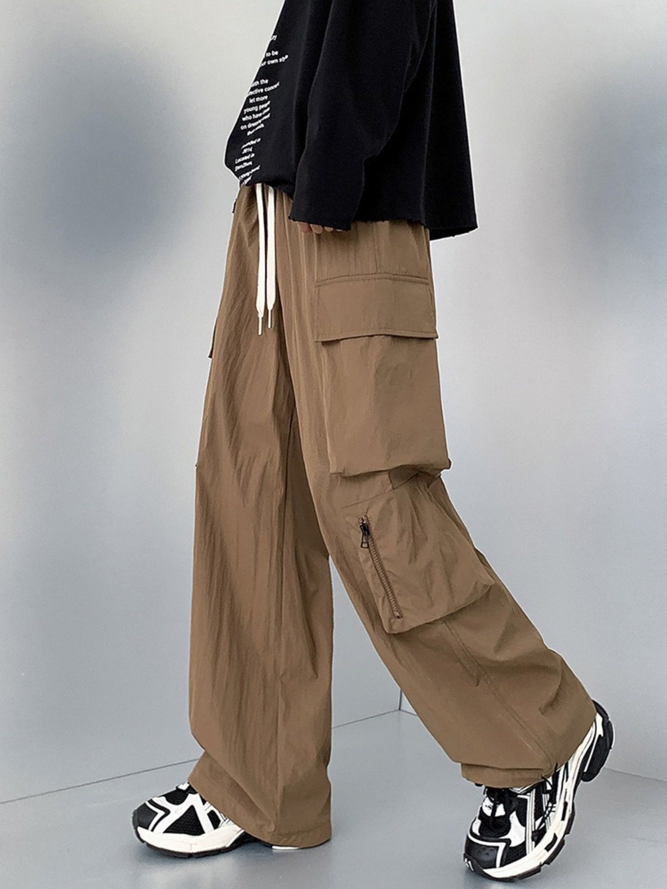 Men's plus size loose fit cargo pants with drawstring in camel color, casual style, by Trendsi