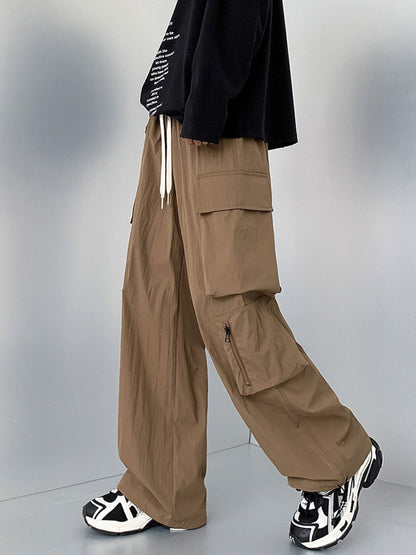 Men's plus size loose fit cargo pants with drawstring in camel color, casual style, by Trendsi