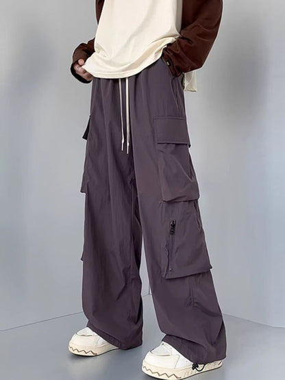 Men's plus size loose fit cargo pants with drawstring in camel color, trendy and comfortable for everyday wear.