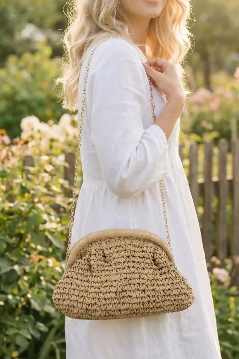 Camel Fame woven Raffia frame shoulder bag with adjustable strap and stylish design, perfect for casual and chic outfits.