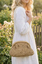 Camel Fame woven Raffia frame shoulder bag with adjustable strap and stylish design, perfect for casual and chic outfits.