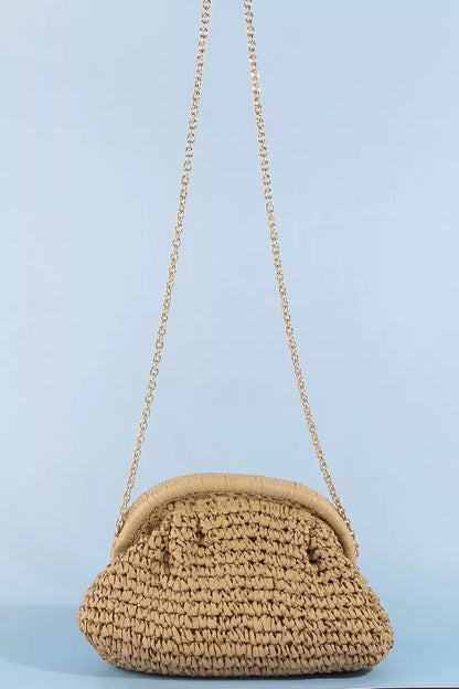 Trendsi Fame woven raffia frame shoulder bag in camel color with a stylish design and spacious interior.