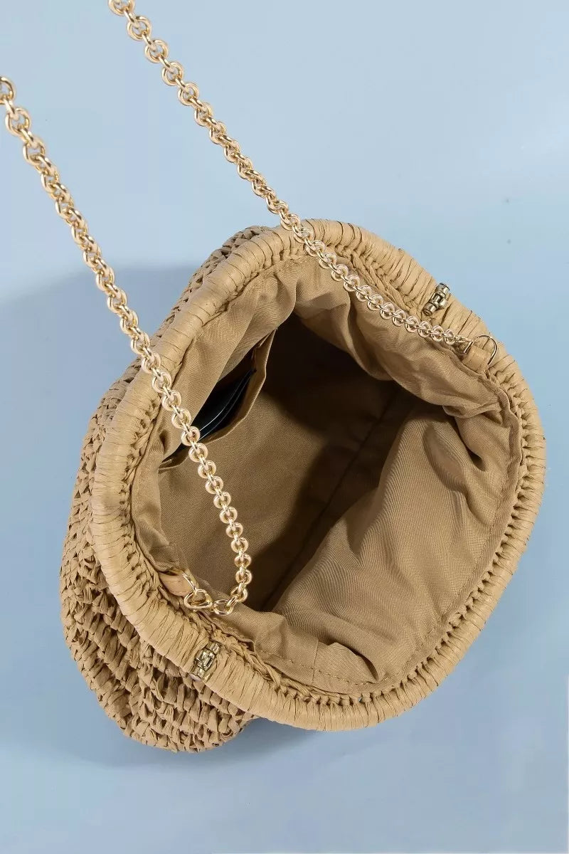 Camel woven raffia frame shoulder bag by Trendsi featuring a stylish, spacious design with woven texture and adjustable strap.