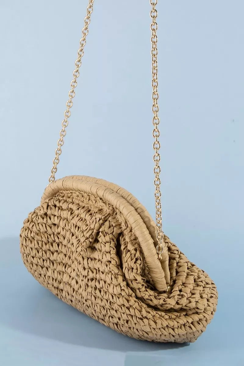 Trendsi Fame woven raffia frame shoulder bag in camel color, featuring a stylish woven design and spacious interior.
