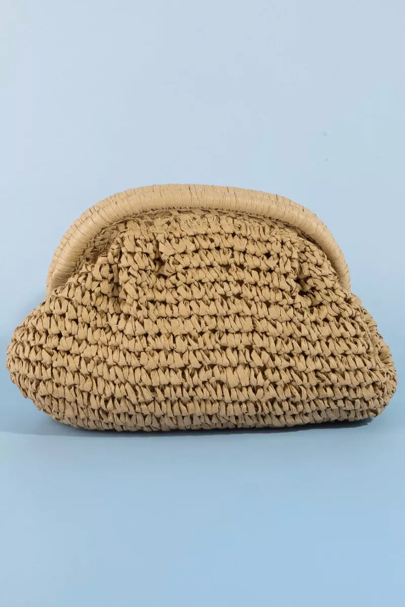 Camel Fame woven raffia frame shoulder bag by Trendsi with a stylish natural woven texture and structured design.