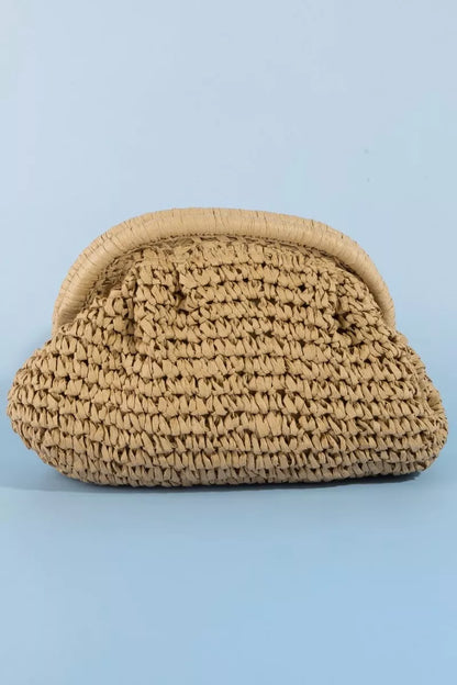 Camel Fame woven raffia frame shoulder bag by Trendsi with a stylish natural woven texture and structured design.