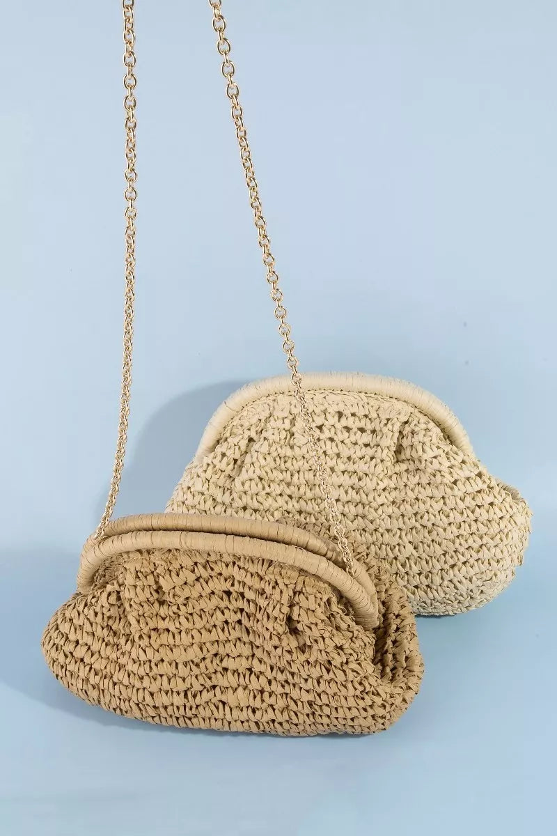 Camel Fame woven raffia frame shoulder bag with adjustable strap and stylish design, perfect for casual or chic outfits.