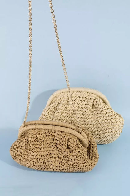 Camel Fame woven raffia frame shoulder bag with adjustable strap and stylish design, perfect for casual or chic outfits.