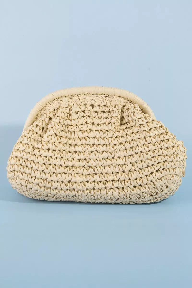 Camel Fame woven raffia frame shoulder bag with adjustable strap, featuring a stylish natural fiber design and spacious interior.