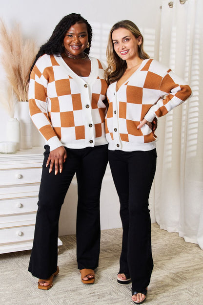 Camel Angel Wings Double Take button-up cardigan with V-neck and dropped shoulders by Trendsi, shown on a model.