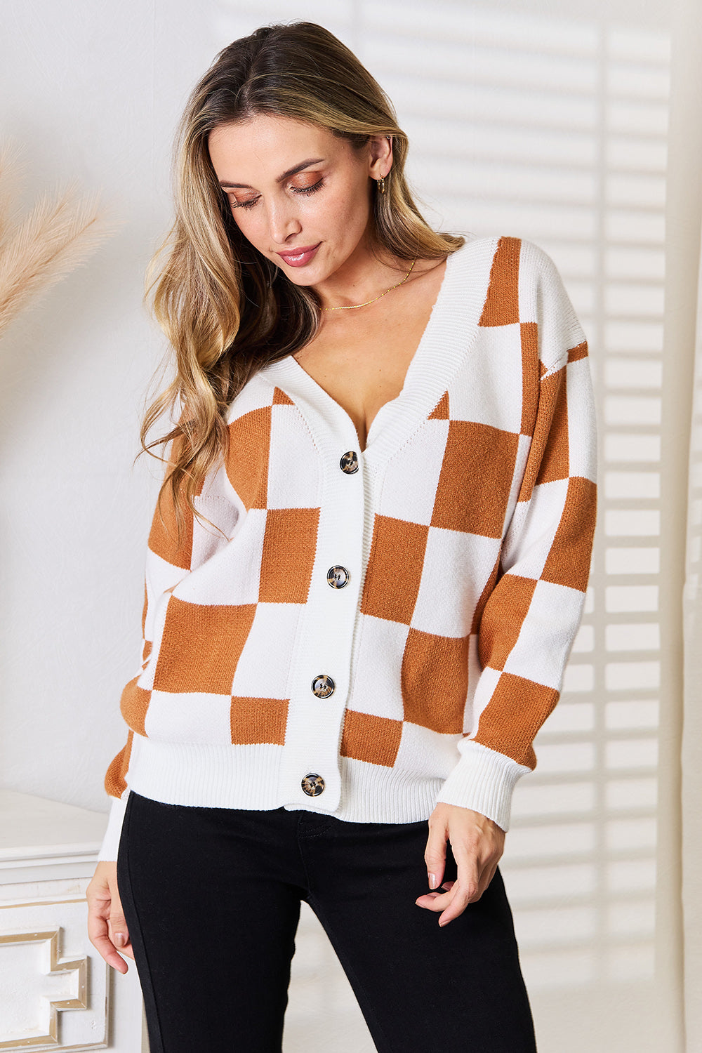 Trendsi camel Angel Wings double take button-up V-neck cardigan with dropped shoulders, soft knit, and stylish design.