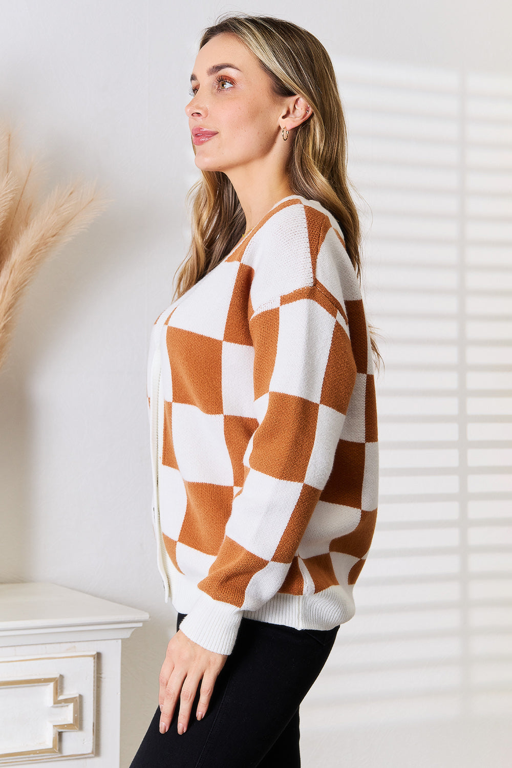 Camel Angel Wings Double Take button-up V-neck cardigan with dropped shoulders, stylish and cozy from Trendsi.
