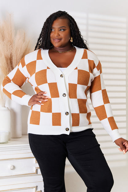 Camel Angel Wings Double Take button-up V-neck cardigan with dropped shoulders from Trendsi, featuring a cozy, stylish design.