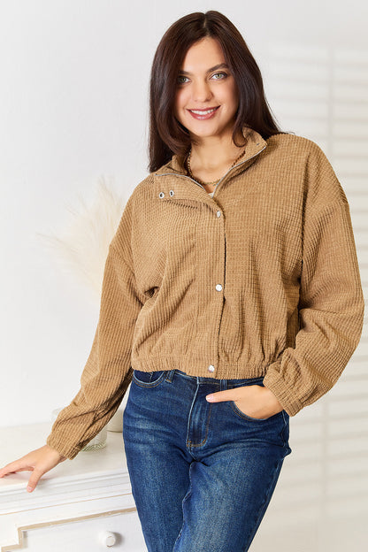 Camel Perfee long sleeve dropped shoulder jacket by Trendsi, shown on a model with a relaxed fit and casual style.