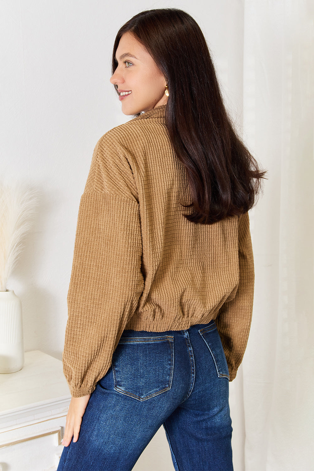Camel Perfee long sleeve dropped shoulder jacket by Trendsi, featuring a relaxed fit and stylish design.