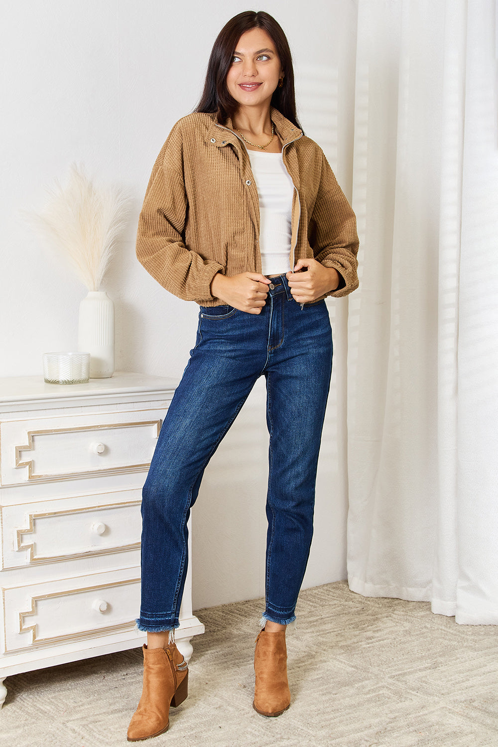 Camel Perfee long sleeve dropped shoulder jacket by Trendsi, featuring a relaxed fit and stylish design.