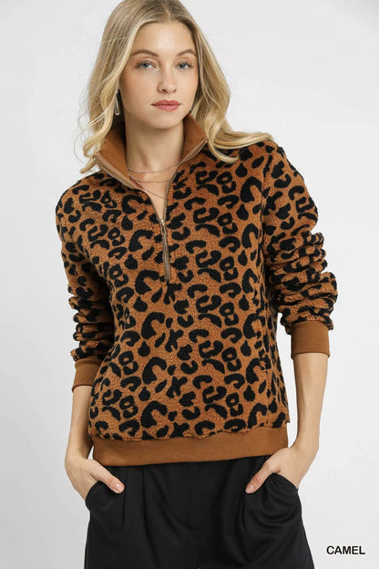 Camel leopard print Umgee quarter-zip sweatshirt from Trendsi, featuring a cozy fit and stylish animal print design.