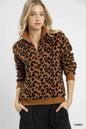 Camel leopard print Umgee quarter-zip sweatshirt from Trendsi, featuring a cozy fit and stylish animal print design.