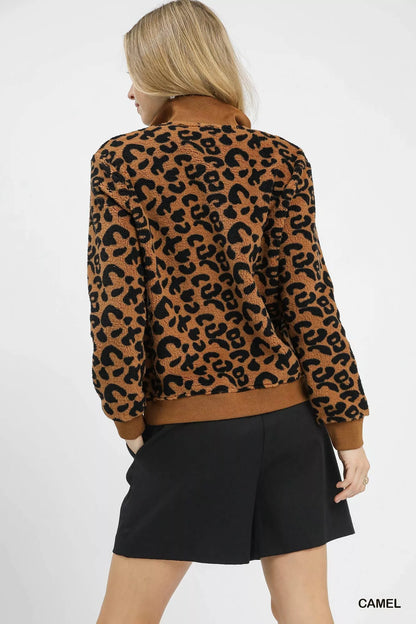 Camel leopard print Umgee quarter-zip sweatshirt from Trendsi, featuring a cozy fit and stylish animal print design.