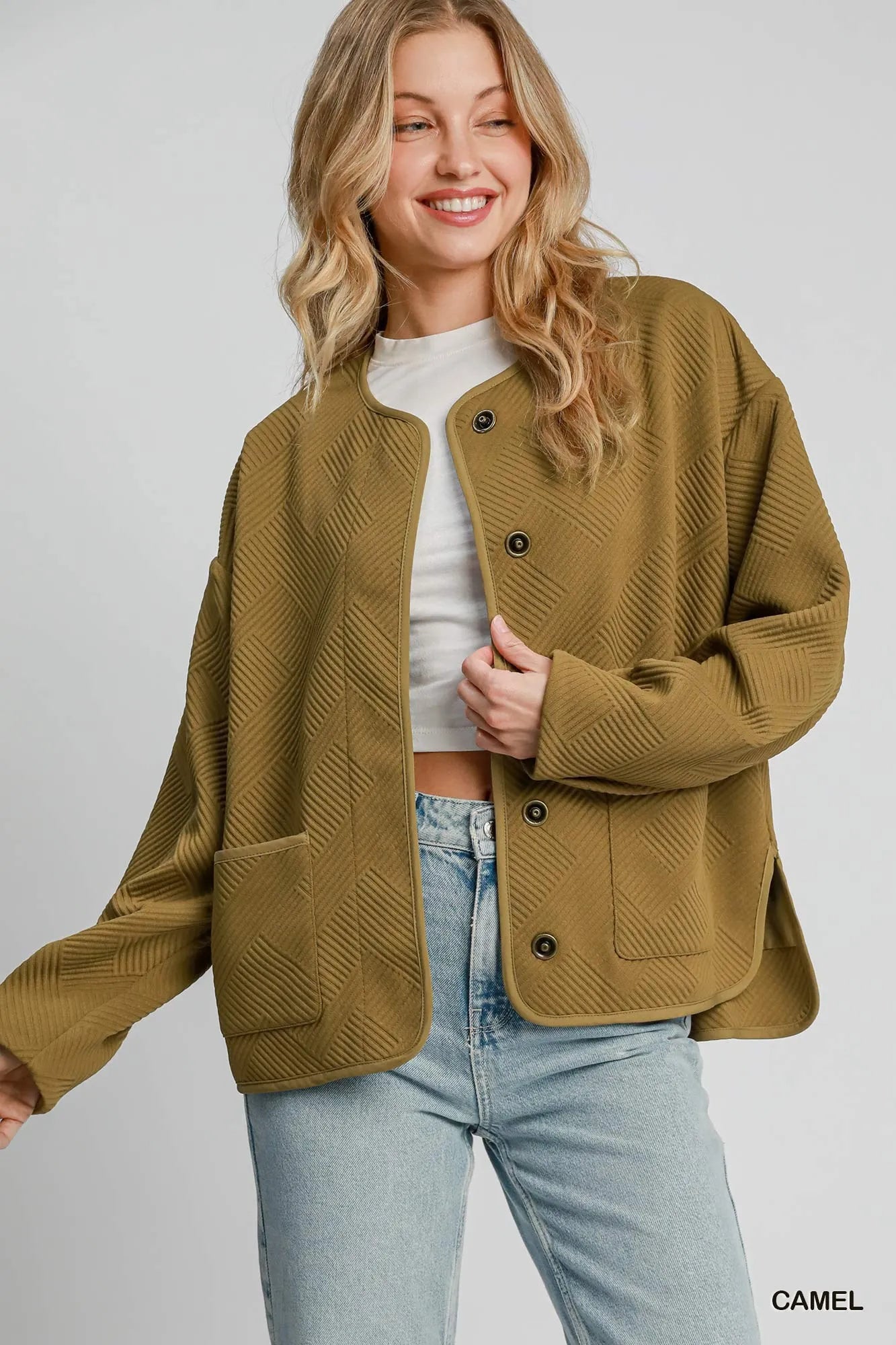 Camel textured Jacquard jacket by Umgee featuring intricate woven patterns and a stylish, tailored fit.