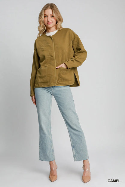 Camel textured Jacquard jacket by Umgee featuring a stylish woven pattern and tailored fit, perfect for layered fall looks.