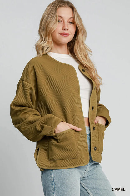 Camel Umgee textured jacquard jacket with intricate pattern, stylish and cozy for casual or layered looks.