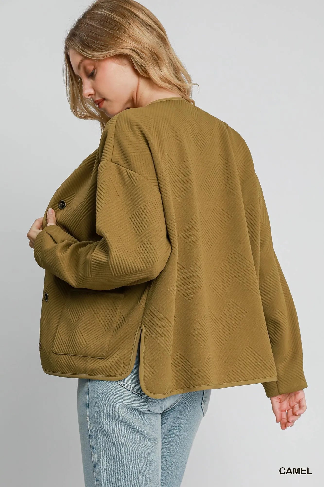 Camel textured Jacquard jacket by Umgee, featuring a stylish woven pattern and tailored fit, perfect for layered fall looks.