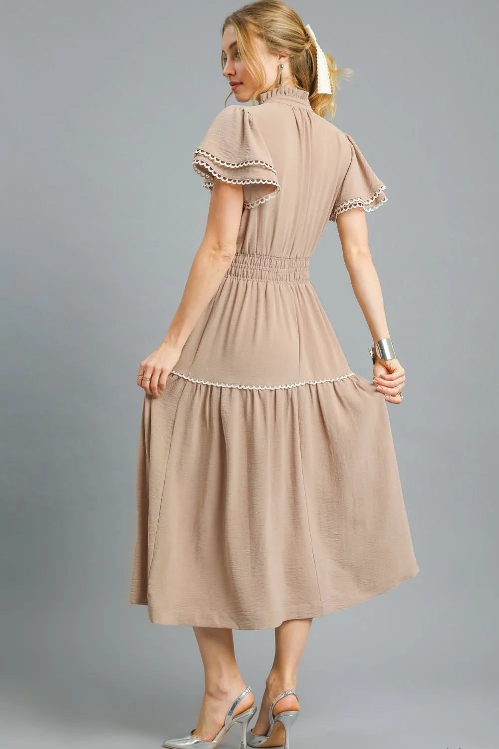 Camel Umgee tiered midi dress with flutter sleeves, featuring a flowy, layered design perfect for casual or semi-formal wear.