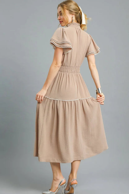 Camel Umgee tiered midi dress with flutter sleeves, featuring a flowy, layered design perfect for casual or semi-formal wear.