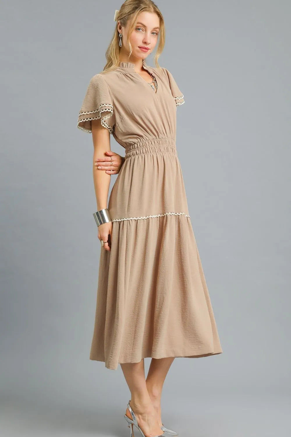 Camel Umgee tiered midi dress with flutter sleeves, featuring a flowy, layered design and a relaxed fit.