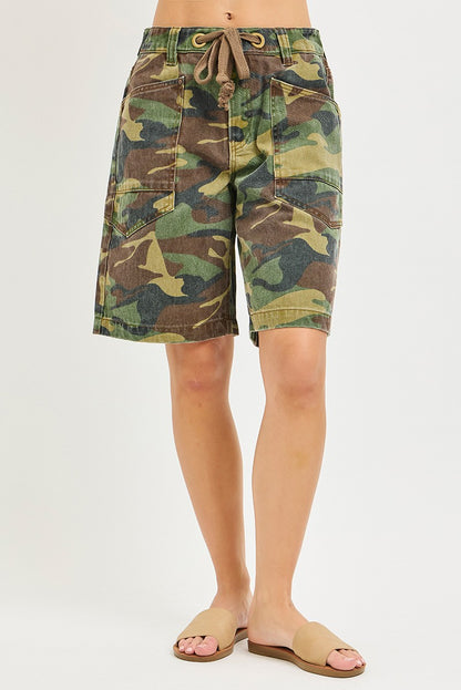 Camo print slouchy jorts from RISEN by Trendsi with eyelet drawstring and relaxed fit, casual summer denim shorts.