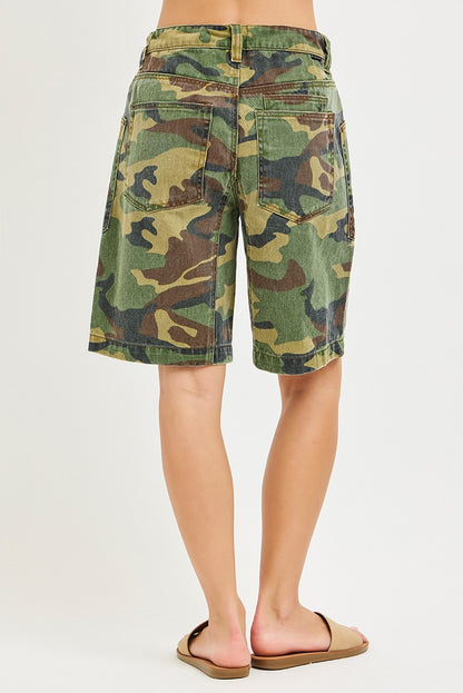 Camo print slouchy jorts by Risen with eyelet drawstring and relaxed fit, casual denim shorts for a trendy summer look.