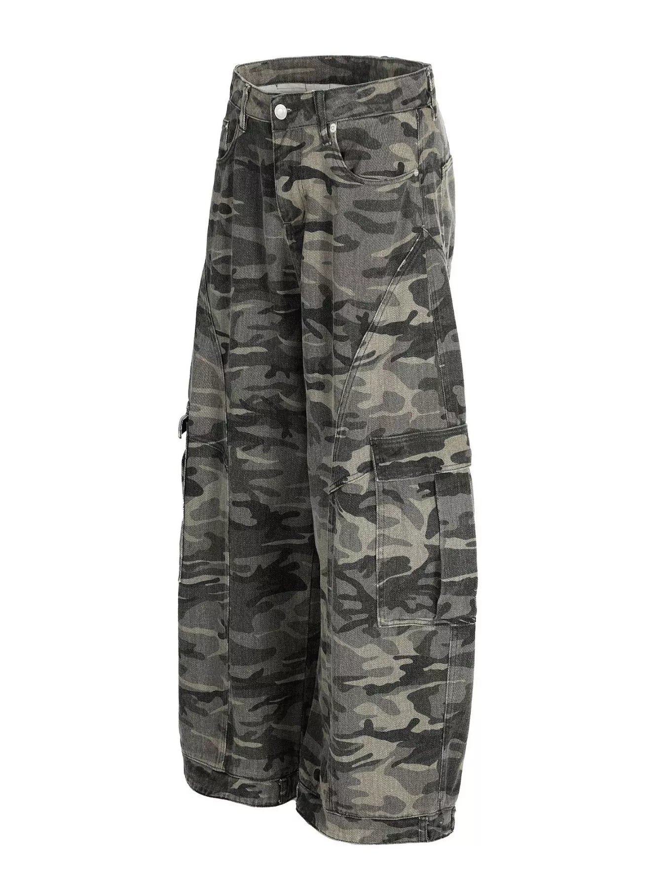 Men's camouflage cargo pants by Trendsi featuring a relaxed fit and multiple pockets in a green and brown camo pattern.