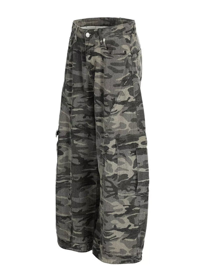Men's camouflage cargo pants by Trendsi featuring a relaxed fit and multiple pockets in a green and brown camo pattern.