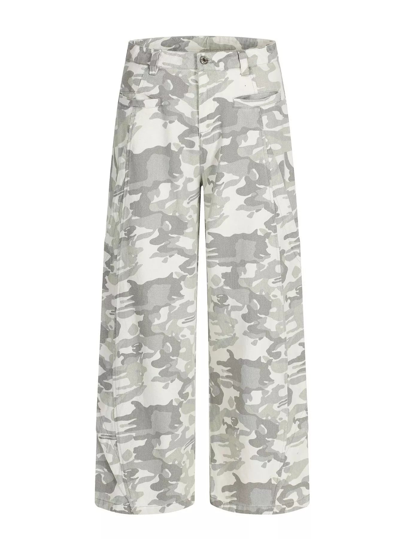 Men's camouflage wide-leg cargo pants from Trendsi, featuring a relaxed fit and multiple pockets in a green and brown camo pattern.