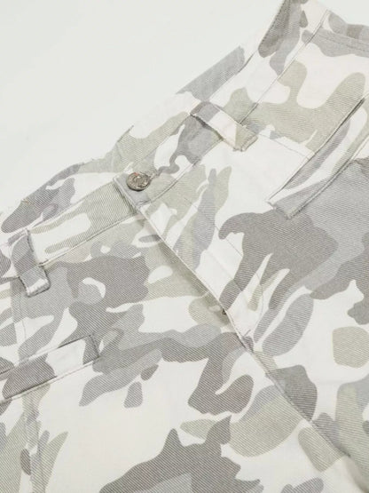 Men's camouflage wide-leg cargo pants from Trendsi featuring a relaxed fit and multiple pockets in a green and brown camouflage pattern.