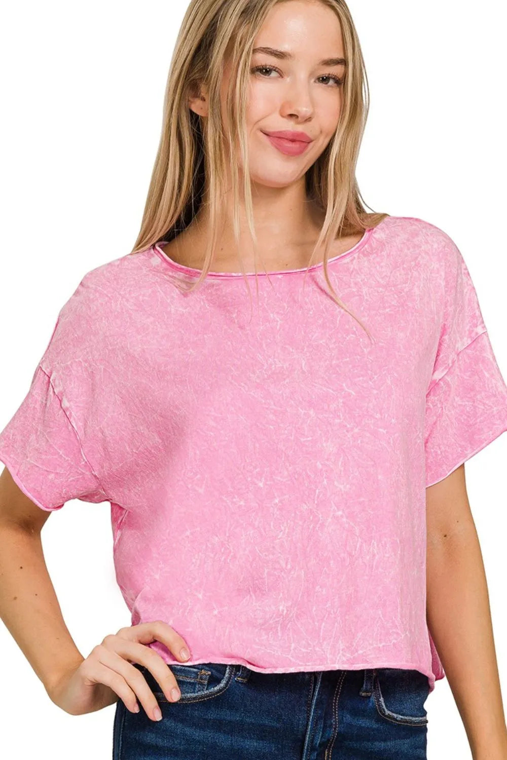 Candy pink Zenana washed crew neck short sleeve crop box tee from Trendsi, showing the relaxed fit and soft fabric texture.