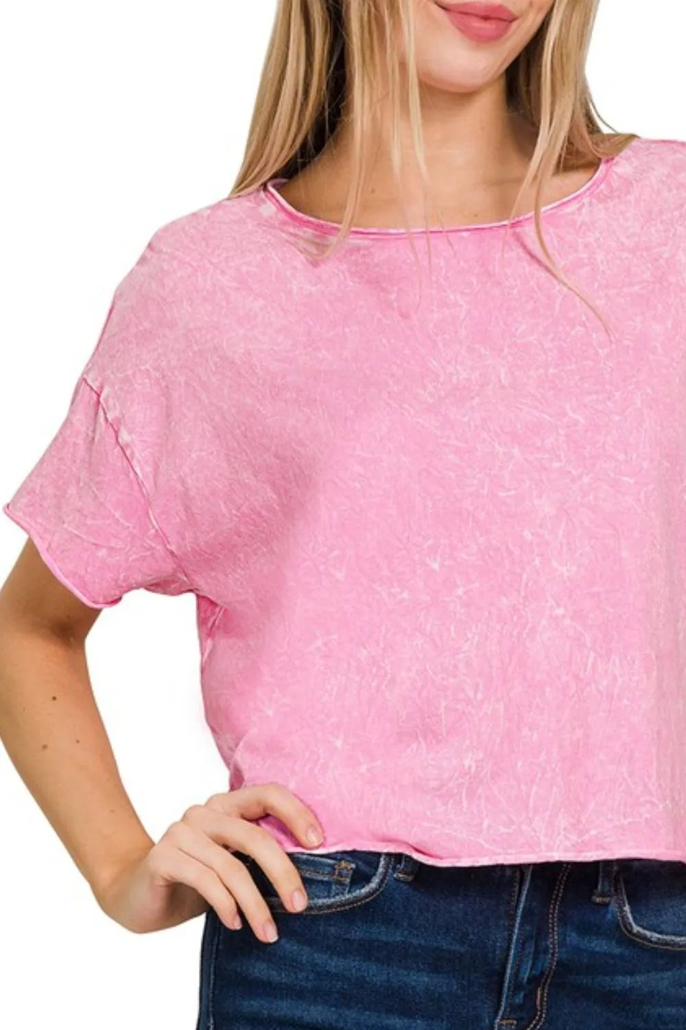 Candy pink Zenana washed crew neck short sleeve crop box tee by Trendsi, shown in a casual, relaxed fit.