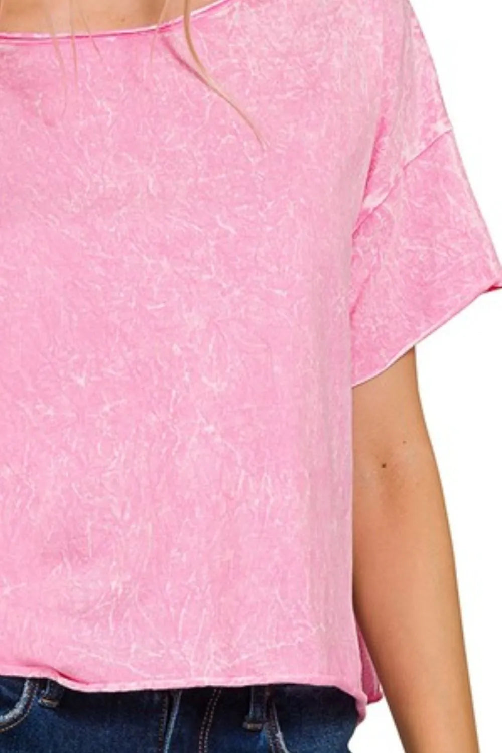 Candy pink Zenana washed crew neck short sleeve crop box tee, casual women's t-shirt with a relaxed fit and soft fabric.