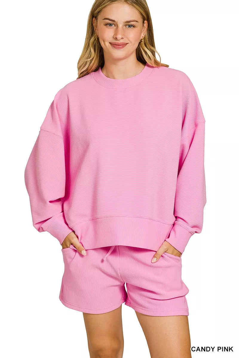 Trendsi Zenana ribbed pink pullover and shorts set, round neck top with matching high-waisted shorts, cozy casual outfit.