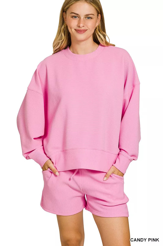 Trendsi Zenana ribbed pink pullover and shorts set, round neck top with matching high-waisted shorts, cozy casual outfit.