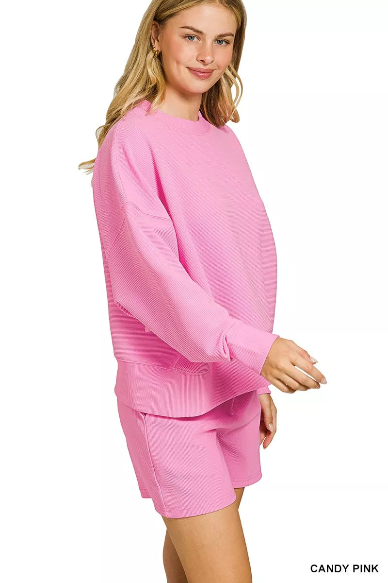 Candy pink Zenana ribbed round neck pullover and shorts set, casual loungewear with soft fabric and relaxed fit.