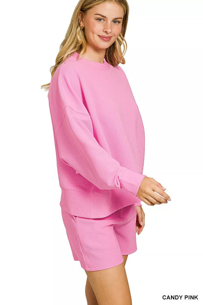 Candy pink Zenana ribbed round neck pullover and shorts set, casual loungewear with soft fabric and relaxed fit.